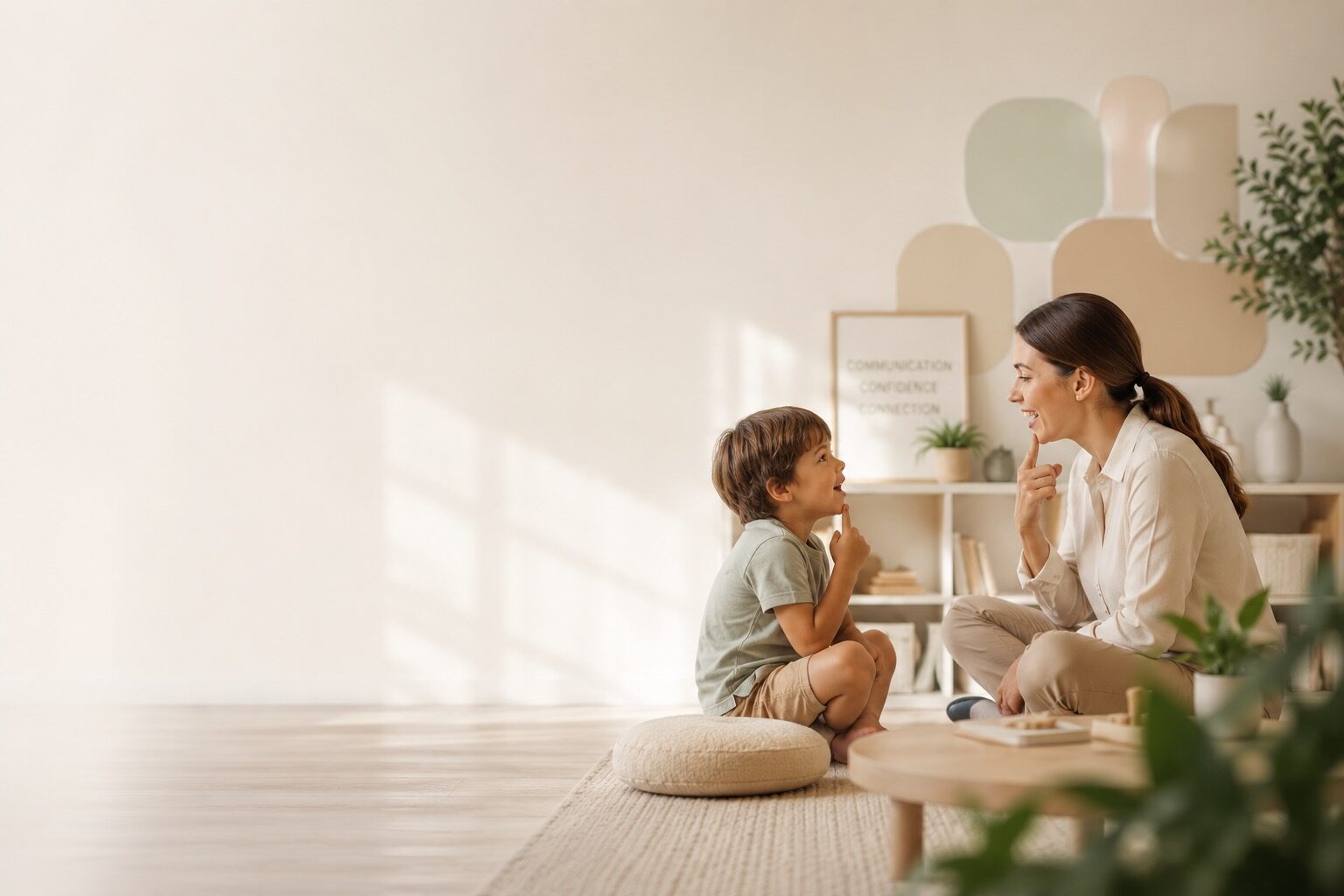 A speech-language pathologist working one-on-one with a young child in a bright, calm room